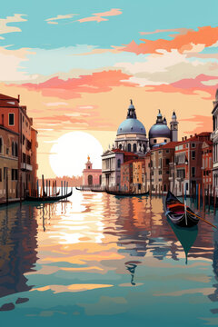 Venetian sunset over the Grand Canal. A gondola glides through the water in this digital artwork
