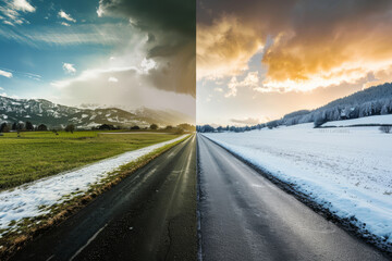 The road visually captures the change from winter to summer seasons, with one side covered in snow and the other bathed in sunlight, depicting the transition in weather conditions.