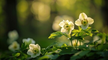 The Helleborus niger flower blooms in the forest during spring. - obrazy, fototapety, plakaty