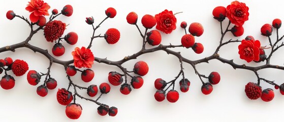   A crimson tree branch adorned with blooming red flowers and succulent berries, set against a pristine white backdrop