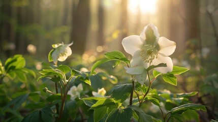 The Helleborus niger flower blooms in the forest during spring. - obrazy, fototapety, plakaty
