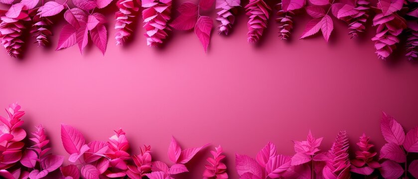   A vibrant pink image featuring a lush forest floor adorned with pink foliage, with a repeat pattern at the top