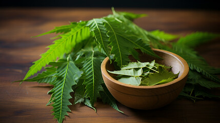Obraz na płótnie Canvas Ayurvedic medicine utilizing neem leaf and stick displayed on a wooden background, 
