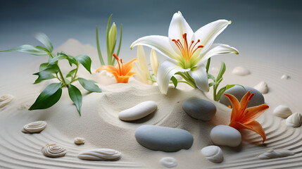 zen stones and flower Sand madonna  lily and spa stones in zen garden spa scene with massage stones flowers 