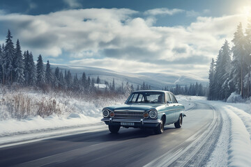 Modern car driving on a snowy road in a sunny winter day. The four-wheel drive car of the modern SUV remains on the side of the winter road.