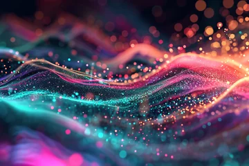 Fotobehang Waves of vibrant color against a black background. abstract background with multicolored particles and lines twisted design background of curved lines and particles. © Stas
