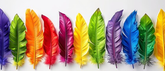   A stunning array of vibrant feathers arranged in a row on a pristine white backdrop, showcasing the hues of the rainbow