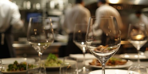 Elegant Fine Dining Tablescape with Blurred Chefs in Background
