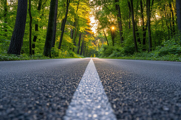 Fototapeta premium Black Asphalt Road And White Dividing Lines. Summer Sunset on the Road Lines