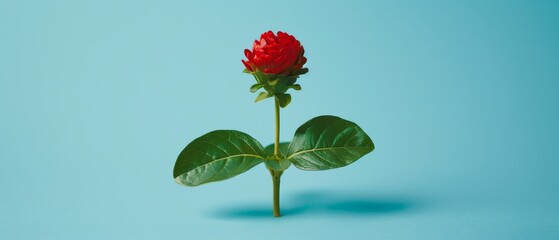   Blue background with a single red flower on a green stem and a shadow in the center Optimized for search engines - obrazy, fototapety, plakaty