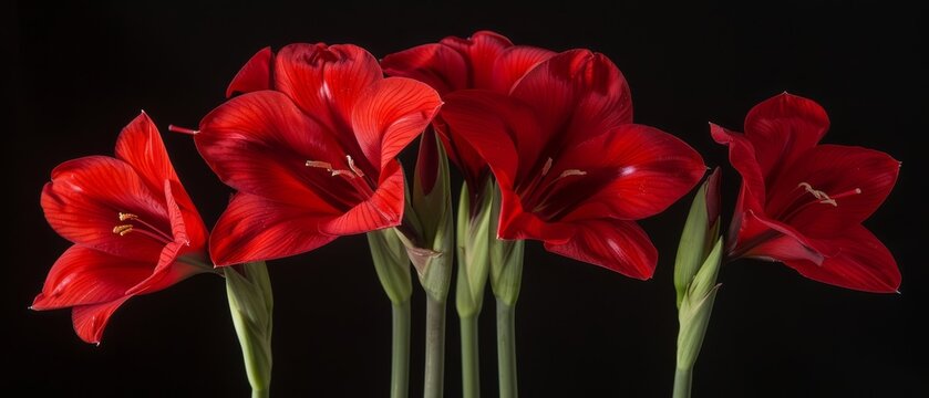   A stunning image featuring a group of red flowers arranged in a vase against a black backdrop, showcasing their vibrant hues and lush stems