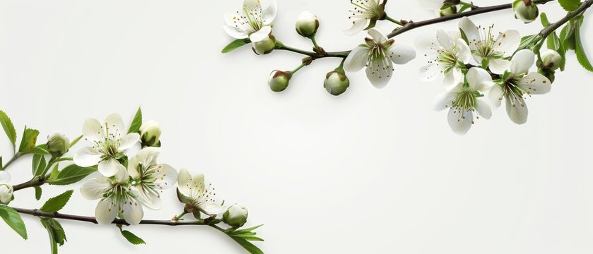  White flowers and green leaves on a white background - perfect for adding text or images to your website