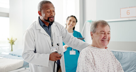 Senior patient, doctor and hospital with breathing check and stethoscope for heart exam in a...