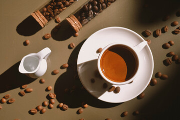 A morning black coffee in the sunlight