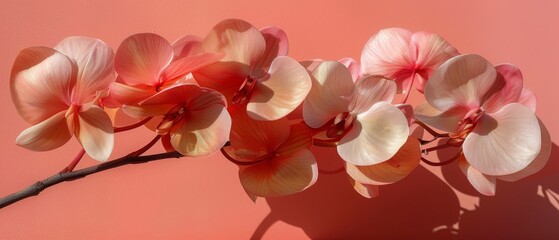 Fototapeta premium Pink and white flower arrangement on a pink background with a shadowed pink branch