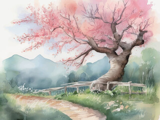 桜のある風景の水彩イラスト Generative AI