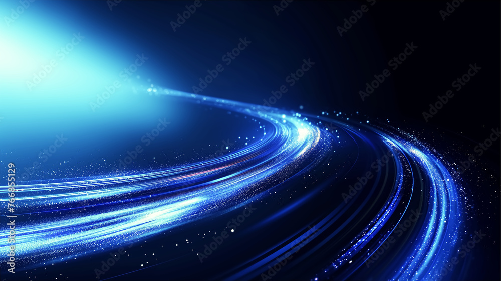 Wall mural technology abstract background with particle, dot pattern in round curve and glowing light on dark b