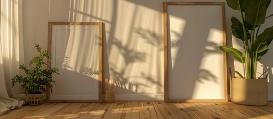 Two different-sized aesthetic frame mockup posters are placed on a wooden floor, illuminated by sunlight. The sizes of the frames are 50x70, 20x28, and 70x100.