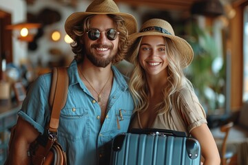 A young couple holding luggage and ready for vacation are standing in a modern living room at home. Generative AI. - obrazy, fototapety, plakaty