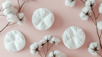 Soft, gentle organic cotton pad closeup, 2D flat lay, highlighting texture and purity on a calm, pastel background , 3D render