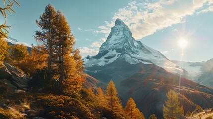 The Matterhorn mountain stands strong in autumnal forest view
 - obrazy, fototapety, plakaty