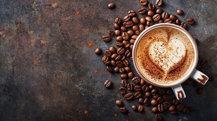 Obraz premium closeup of creamy latte coffee, on wooden restaurant table, hot beverage with espresso foam, coffee seeds and cozy cafe setting