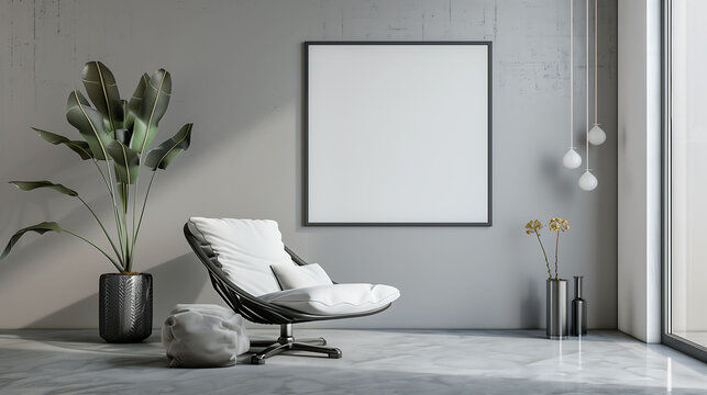 Minimalist sofa interior with empty poster frame mockup