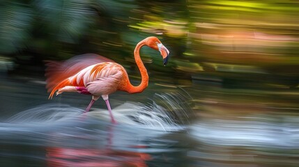 This is a photo of a Greater Flamingo, taken using panning photography techniques to create a