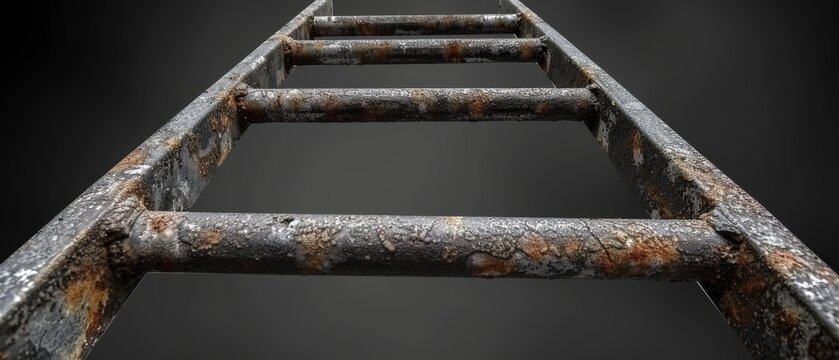   An aged, corroded metal rung ladder boasts rust-streaked sides and a rustic base