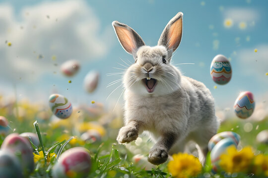 Happy Easter bunny jumping with joy surrounded by colorful Easter eggs.
