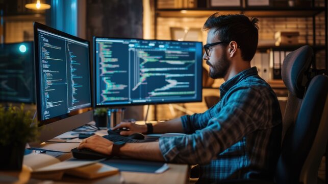 A software developer works on code late into the night, illuminated by the glow of multiple computer screens in a modern office. AIG41