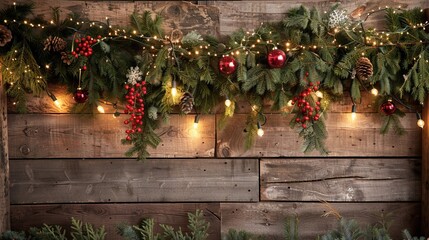 A Christmas scene featuring a background and decorations with a garland of fir branches, lights, and