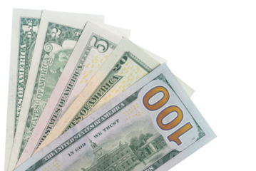 American dollar banknotes on a transparent background in the form of a fan