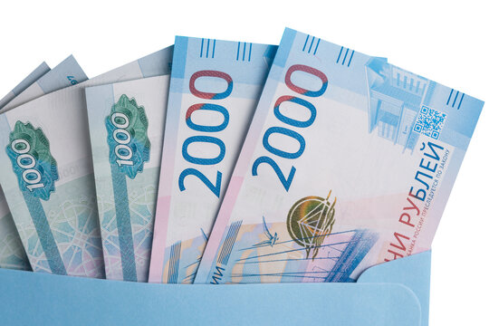 Russian ruble banknotes on a transparent background in a blue envelope