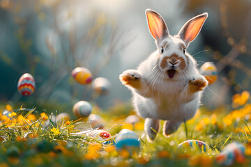 Happy Easter bunny jumping with joy surrounded by colorful Easter eggs