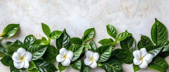   A stunning arrangement of white flowers surrounded by lush green foliage on a pristine white surface, against the serene backdrop of a white wall