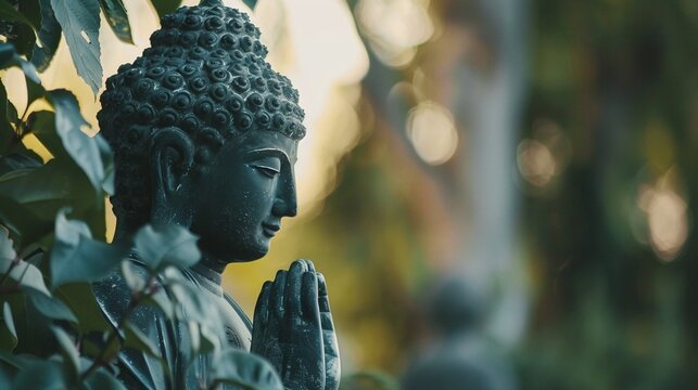 closeup of lord buddha statue, peaceful serene backdrop, spiritual art and divine sculpture, calm meditation with holy tranquility