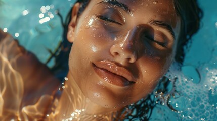 Dewy Skinned Woman Basks in Joy of Summer. Beautiful Face, Pool, Wet, Skin, Portrait, Beauty, Closeup, Skincare, Lifestyle, Vacation, Sea, Sensuality, Summer, Outdoors, Fresh
