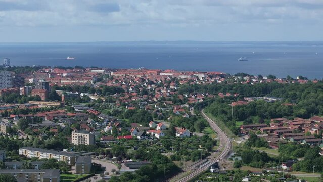 Panoramic Aerial View Of Helsingborg Coastal City In Southern Sweden.