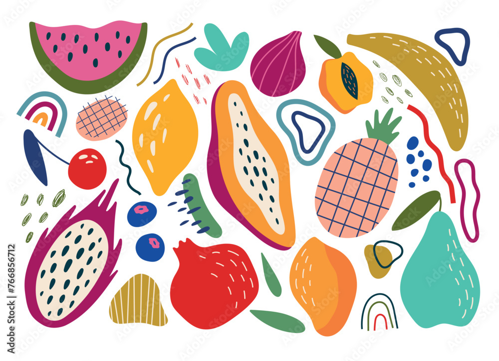 Wall mural Exotic fruits big set. Mango, papaya, banana, pineapple and others. Modern style, abstract elements. Vector illustration - Wall murals