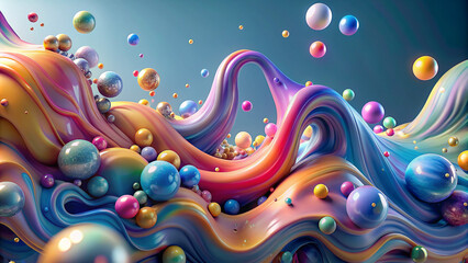 3d render abstract pastel colors wave background. Bright abstract background. Flow of multi-colored paint with bubbles and lumps. Multicolored liquid.