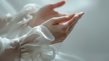 Elegant Hands Draped in Delicate White Fabric - obrazy, fototapety, plakaty