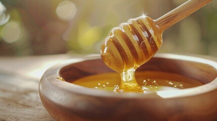 dripping honey from a dipper onto a honey comb showing the rich and golden nectar with a sticky and smooth texture perfect for a fresh and natural treat