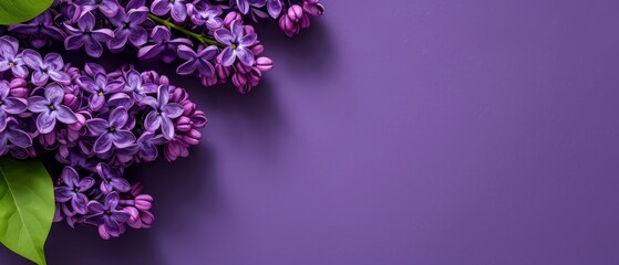   Purple lilac and green leaf background with text or image insertion