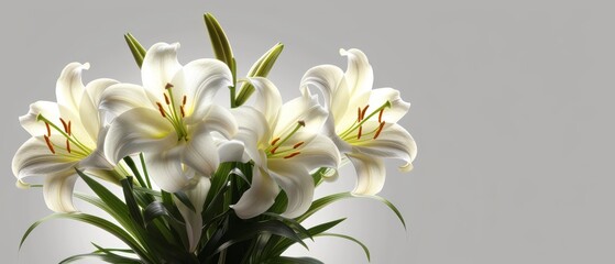   White lilies in a vase on a white table beside green leaves
