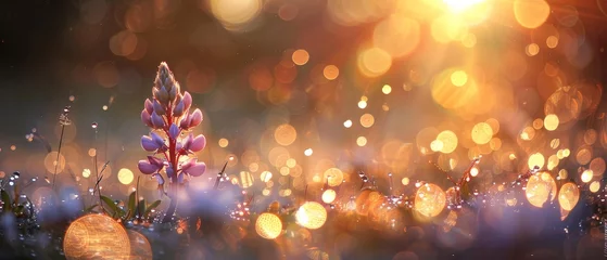Foto op Plexiglas   A stunning close-up photograph captures a vibrant flower amidst a sea of green grass, while the backdrop of softly blurred lights adds mystique © Albert