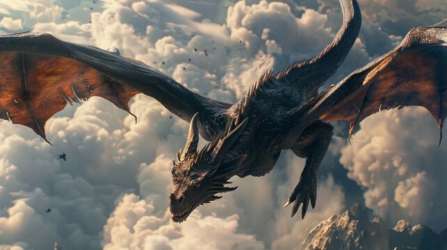 closeup dragon image flying through the air with clouds and mist creating a surreal fantasy landscape