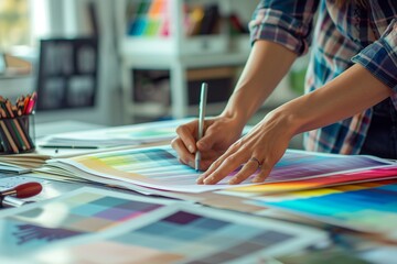 Obraz premium A graphic designer meticulously arranging color samples while at work