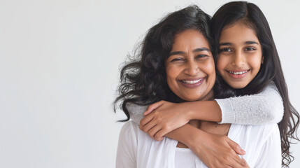 retrato de dos mujeres madre e hija hindúes sonriendo a cámara, la hija monta en caballito sobre...