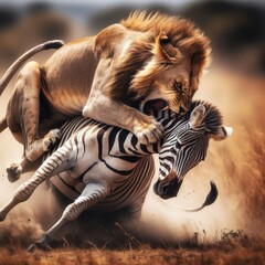 Lioness attacks a zebra in the grassy savannah
